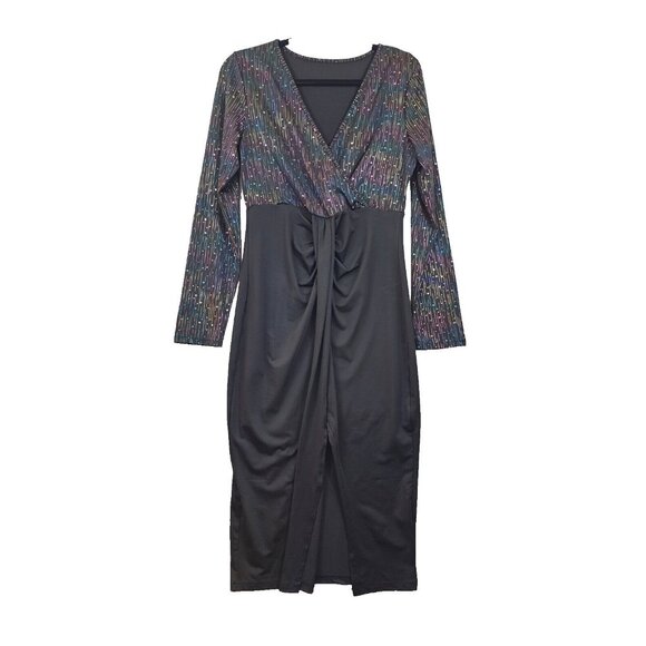 Shein Womens L Black Star Print V-Neck Long Sleeve Ruched Maxi Dress - Picture 1 of 5